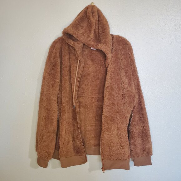 Brown Sherpa Zip up Hoodie Jacket NWT Women's Junior's XL Coat - Picture 5 of 9